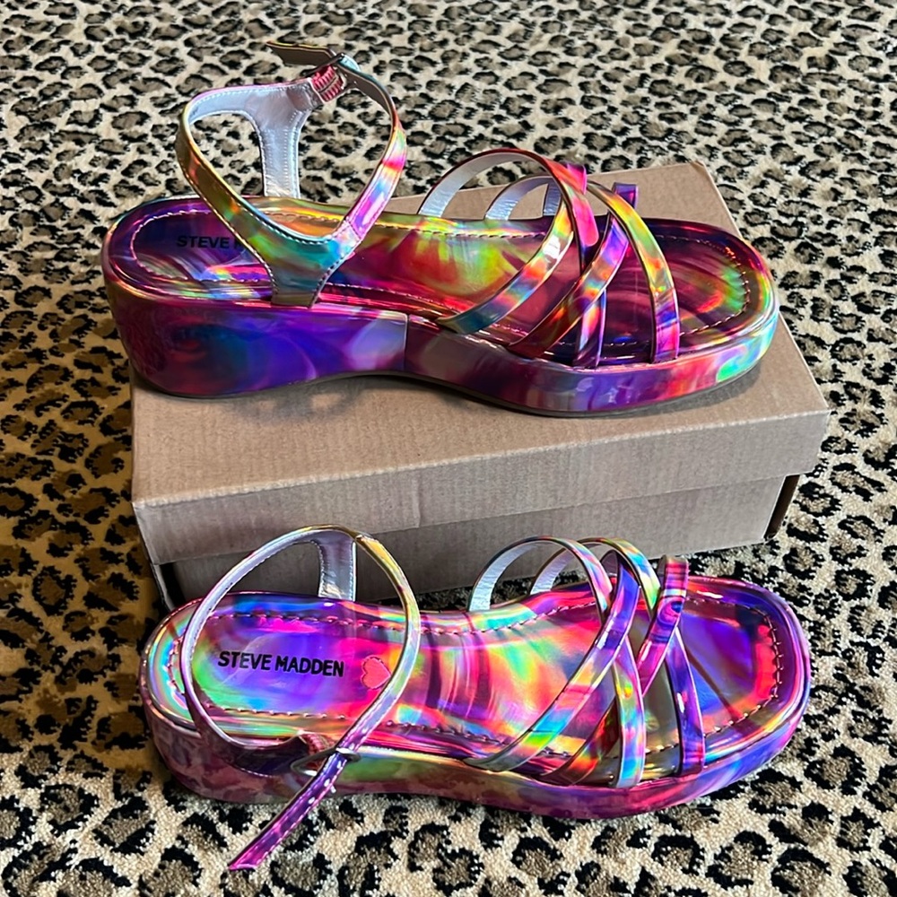 Steve Madden Girls Rainbow Iridescent Platform Sandals